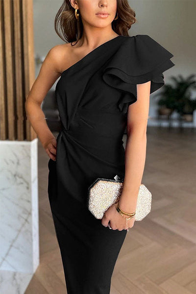 Grace -  Off-shoulder Ruffle Sleeve Slit Midi Dress
