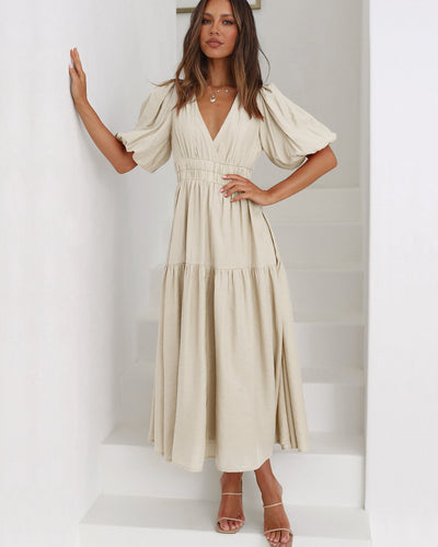Tiara – Elegant Puff Sleeves Midi Dress