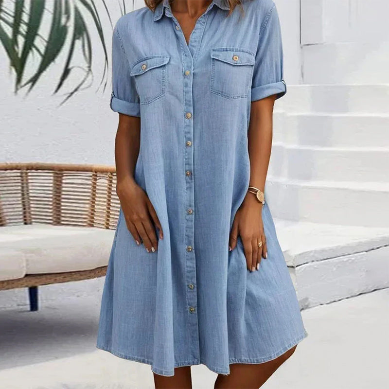 Evelina™ - Midi Dress with Lapel Collar and Button