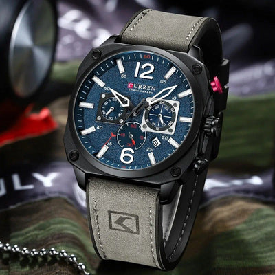 Business leather wristwatch with quartz movement and waterproof case