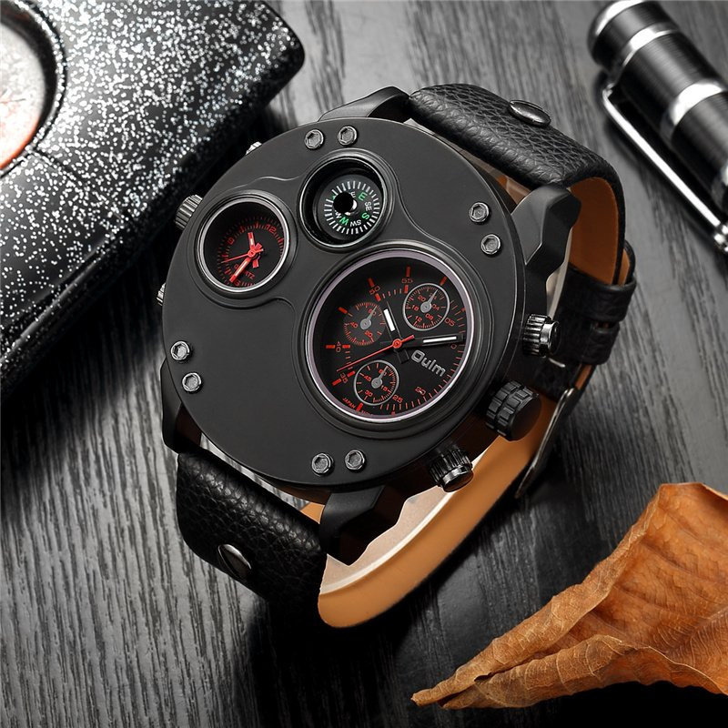 Black leather quartz watch with second time zone