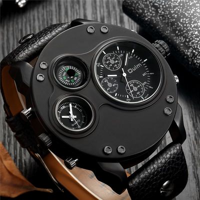 Black leather quartz watch with second time zone