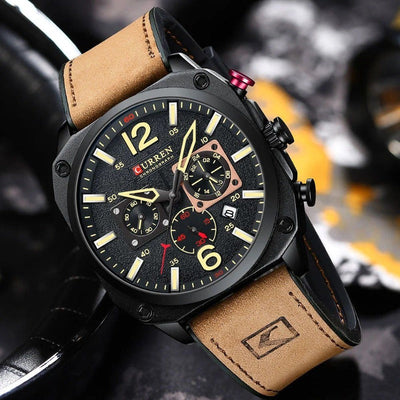 Business leather wristwatch with quartz movement and waterproof case