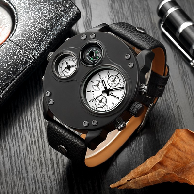 Black leather quartz watch with second time zone