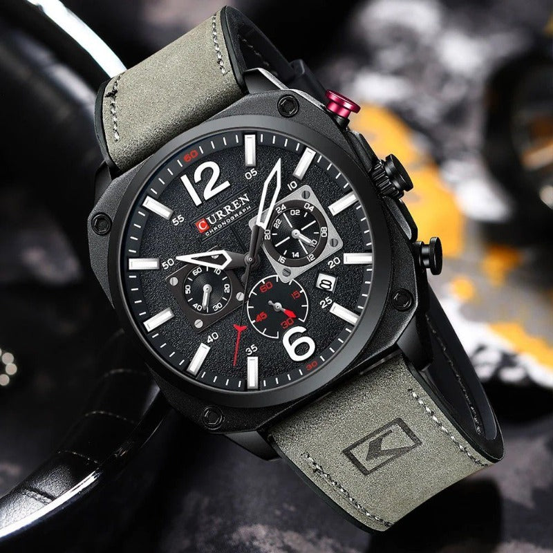 Business leather wristwatch with quartz movement and waterproof case