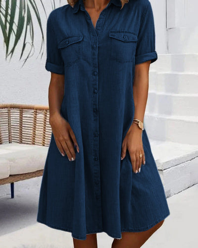 Evelina™ - Midi Dress with Lapel Collar and Button