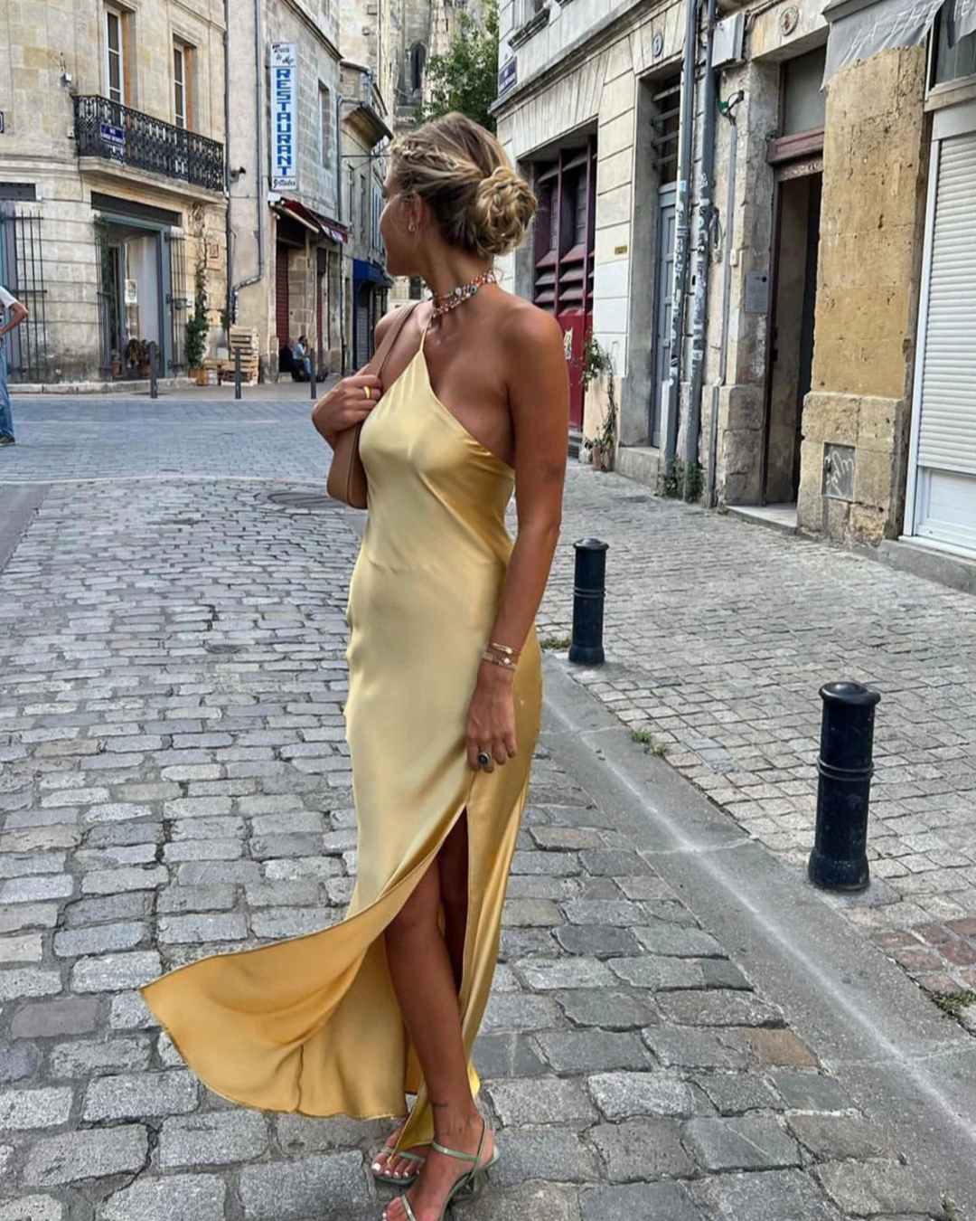 Maliah - Moonlight Open Back Satin Slit Long Dress