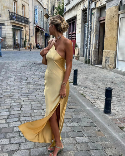 Maliah - Moonlight Open Back Satin Slit Long Dress