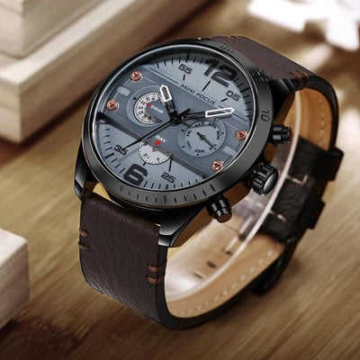 Luxury leather sports watch with quartz chronograph and water resistance