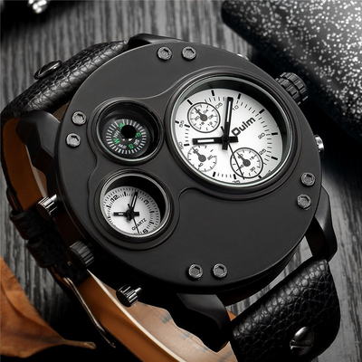 Black leather quartz watch with second time zone