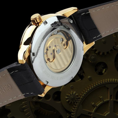 automatic skeleton watch with moon phase display