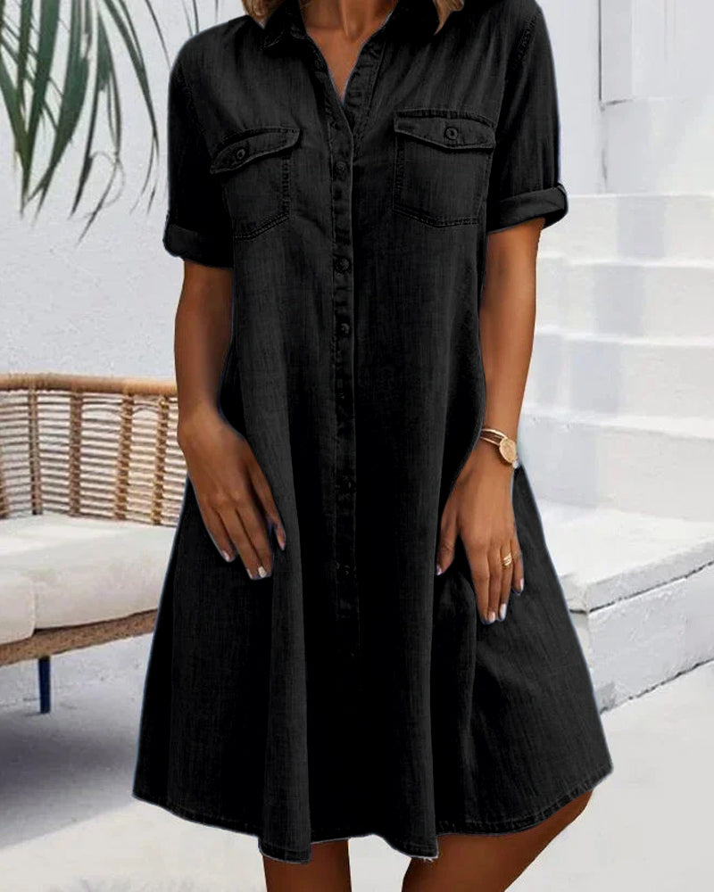 Evelina™ - Midi Dress with Lapel Collar and Button