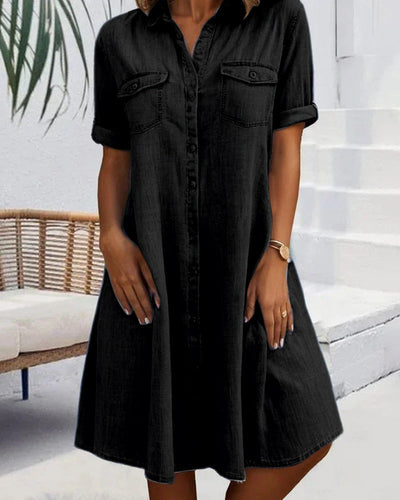 Evelina™ - Midi Dress with Lapel Collar and Button