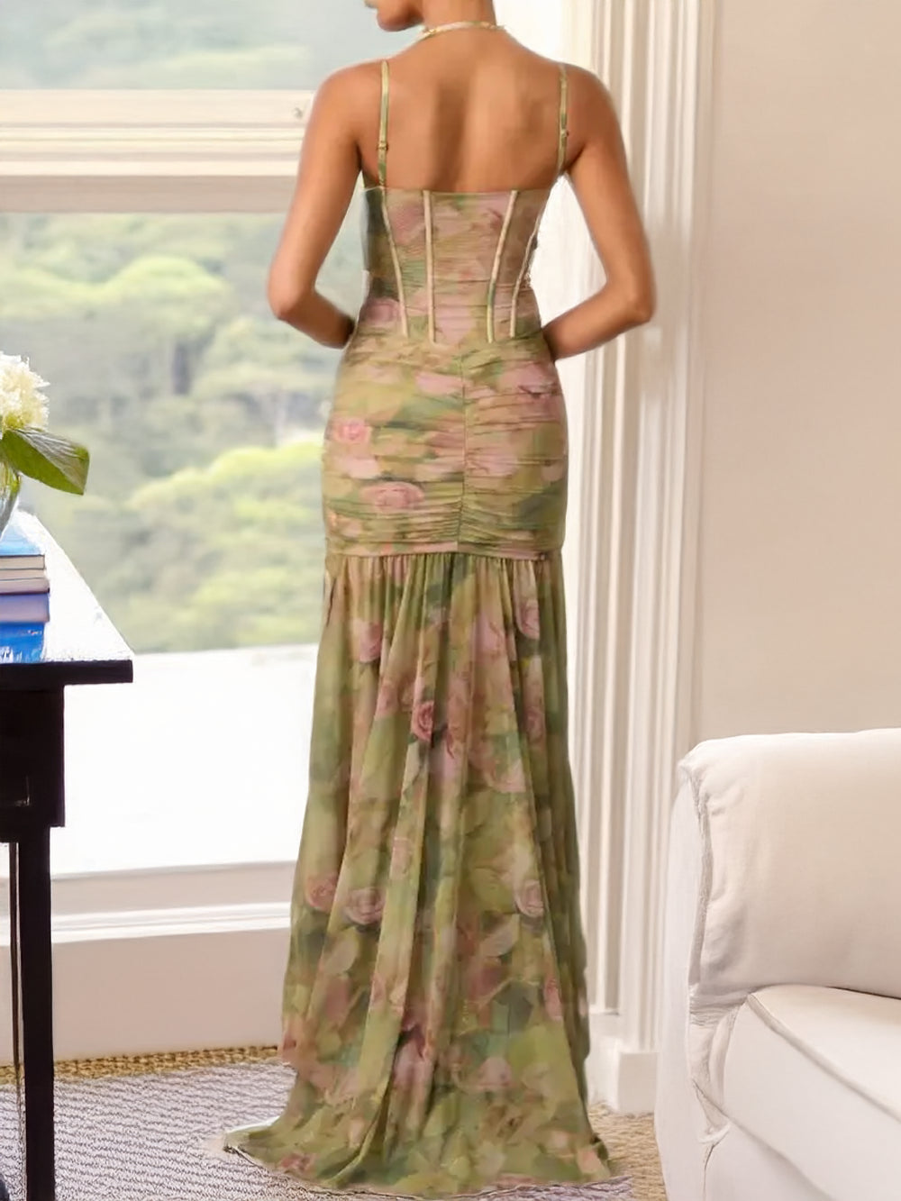 Ella/Green Floral Dress Ruffled Asymmetric Bodycon Gown