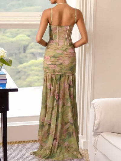Ella/Green Floral Dress Ruffled Asymmetric Bodycon Gown
