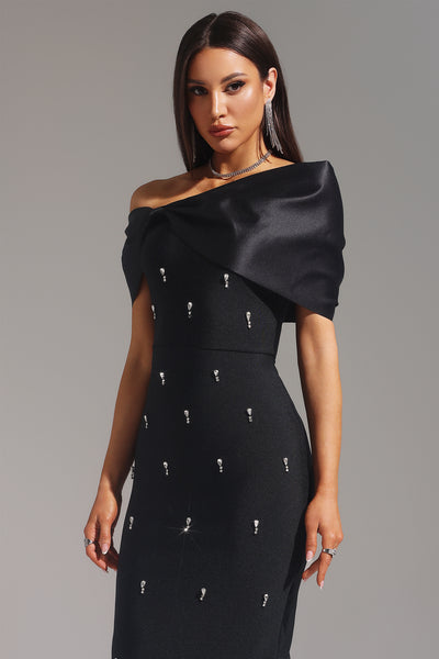 Maelis Sleeveless One Shoulder Diamond Bow Bandage Maxi Dress