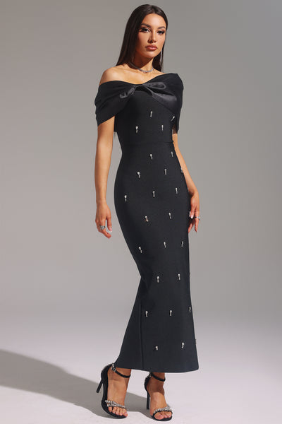 Maelis Sleeveless One Shoulder Diamond Bow Bandage Maxi Dress
