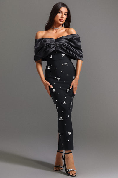 Emma Off-the-Shoulder Diamond Maxi Dress