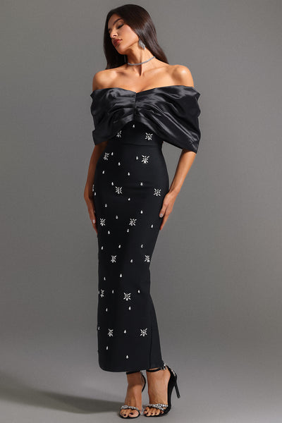 Emma Off-the-Shoulder Diamond Maxi Dress