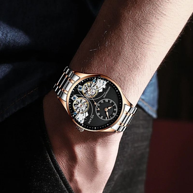 Mechanical watch with double tourbillon and luminous display