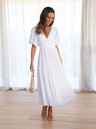 Tiara – Elegant Puff Sleeves Midi Dress