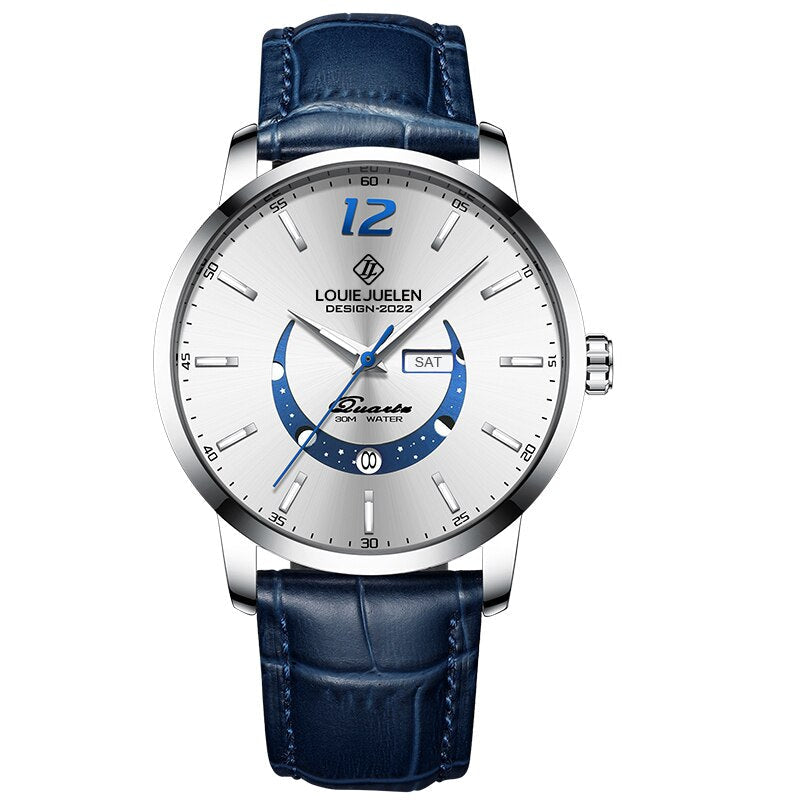 Elegant moon phase watch with luminous calendar for the week