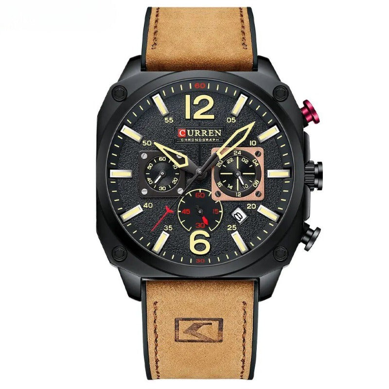 Business leather wristwatch with quartz movement and waterproof case