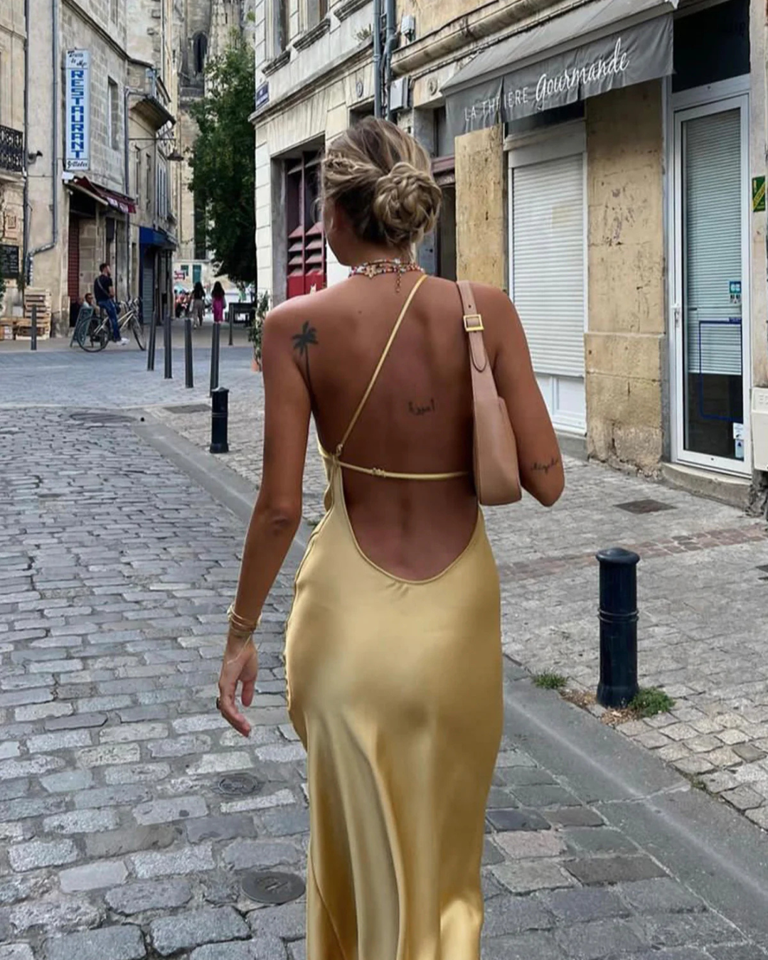 Maliah - Moonlight Open Back Satin Slit Long Dress