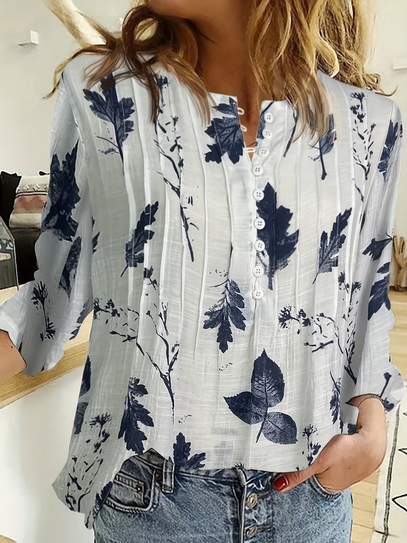 Elena™ - Floral Pleated V-Neck Blouse