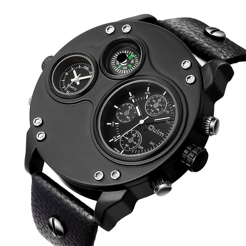 Black leather quartz watch with second time zone