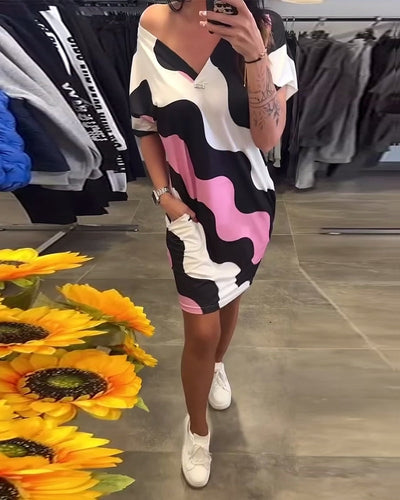"V-Neck Dress with Wavy Print"