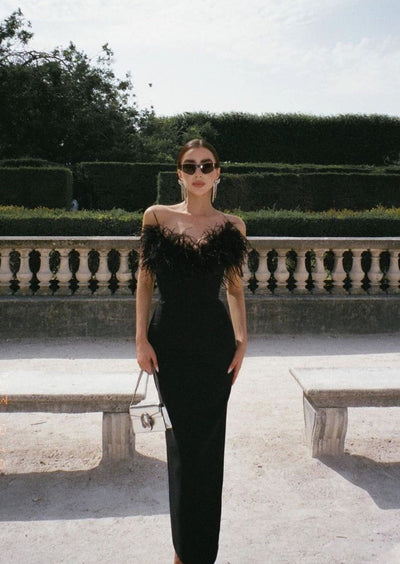Joanna – Feather-Elegant Maxi Dress