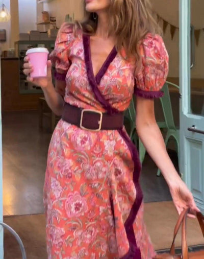 Elegant Pink Short Sleeve Midi Dress