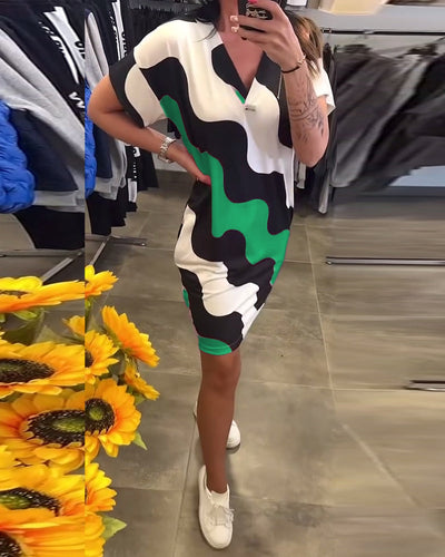 "V-Neck Dress with Wavy Print"