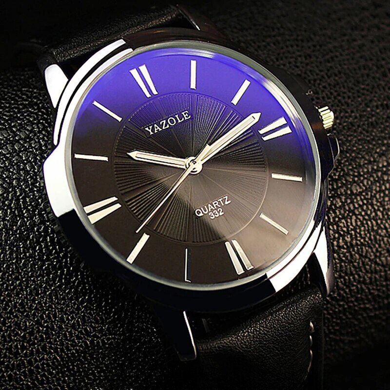 Luxury wristwatch made of blue glass and leather