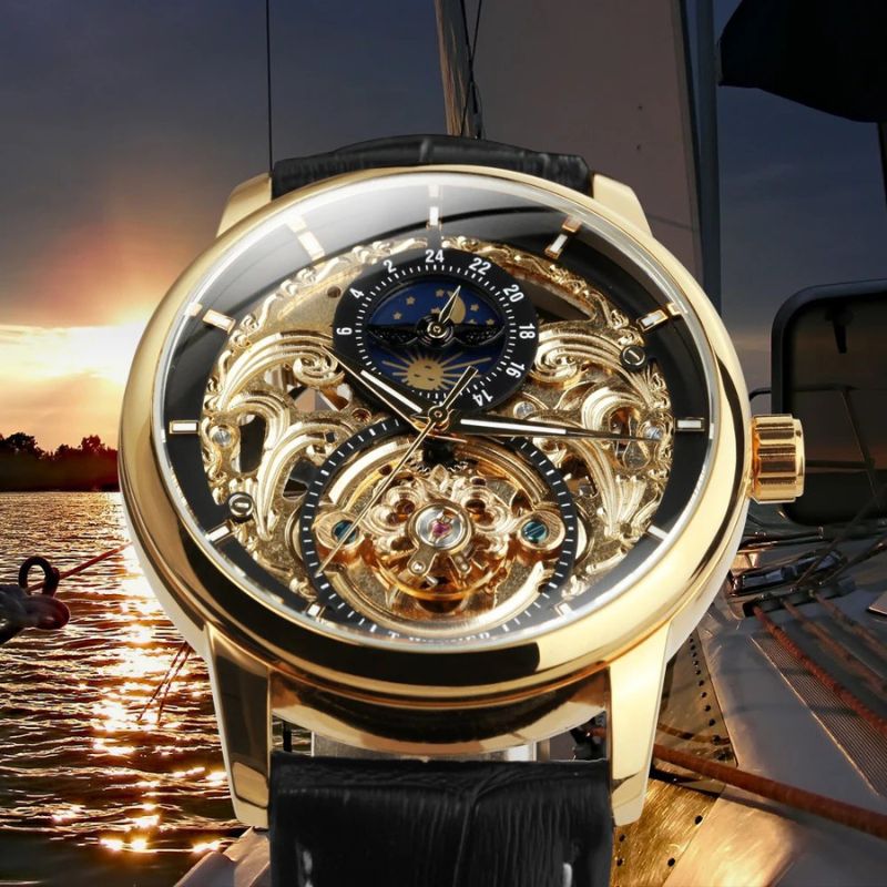 automatic skeleton watch with moon phase display