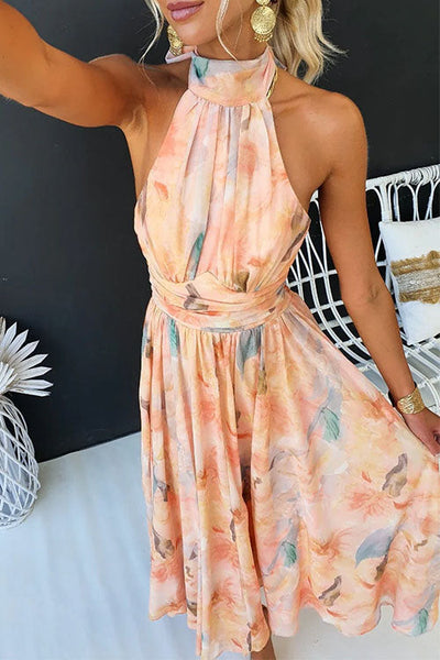JENNY/Halter Neck Open Back Waisted Watercolor Print Maxi Dress