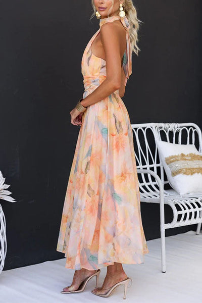JENNY/Halter Neck Open Back Waisted Watercolor Print Maxi Dress