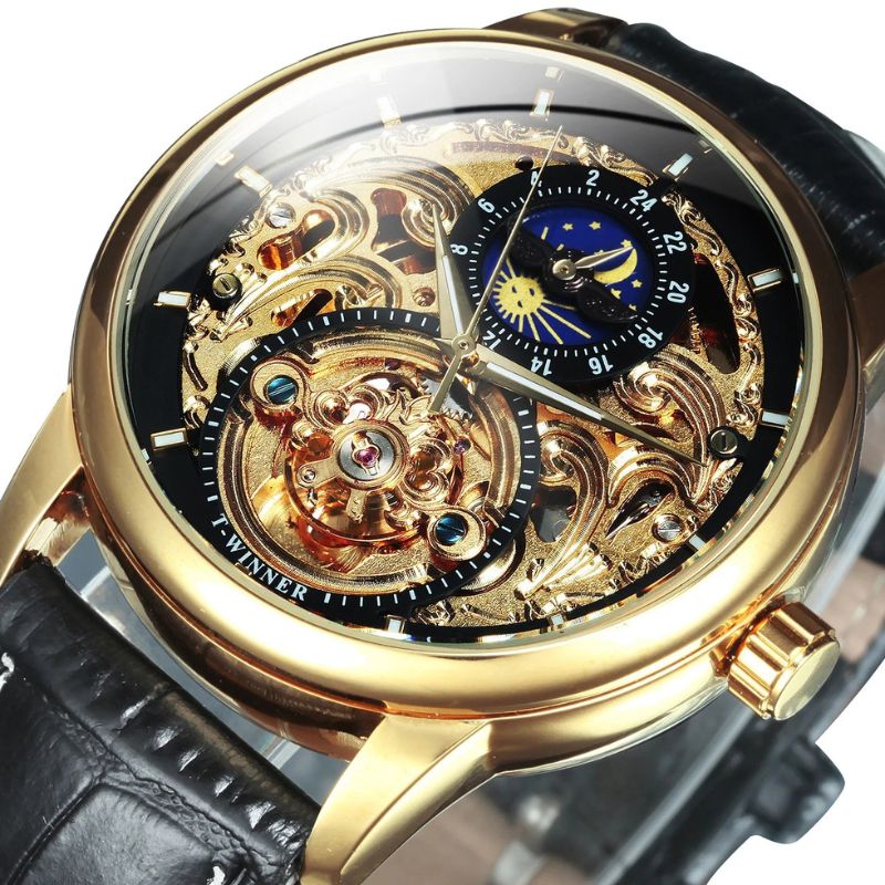 automatic skeleton watch with moon phase display