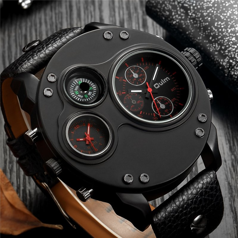 Black leather quartz watch with second time zone