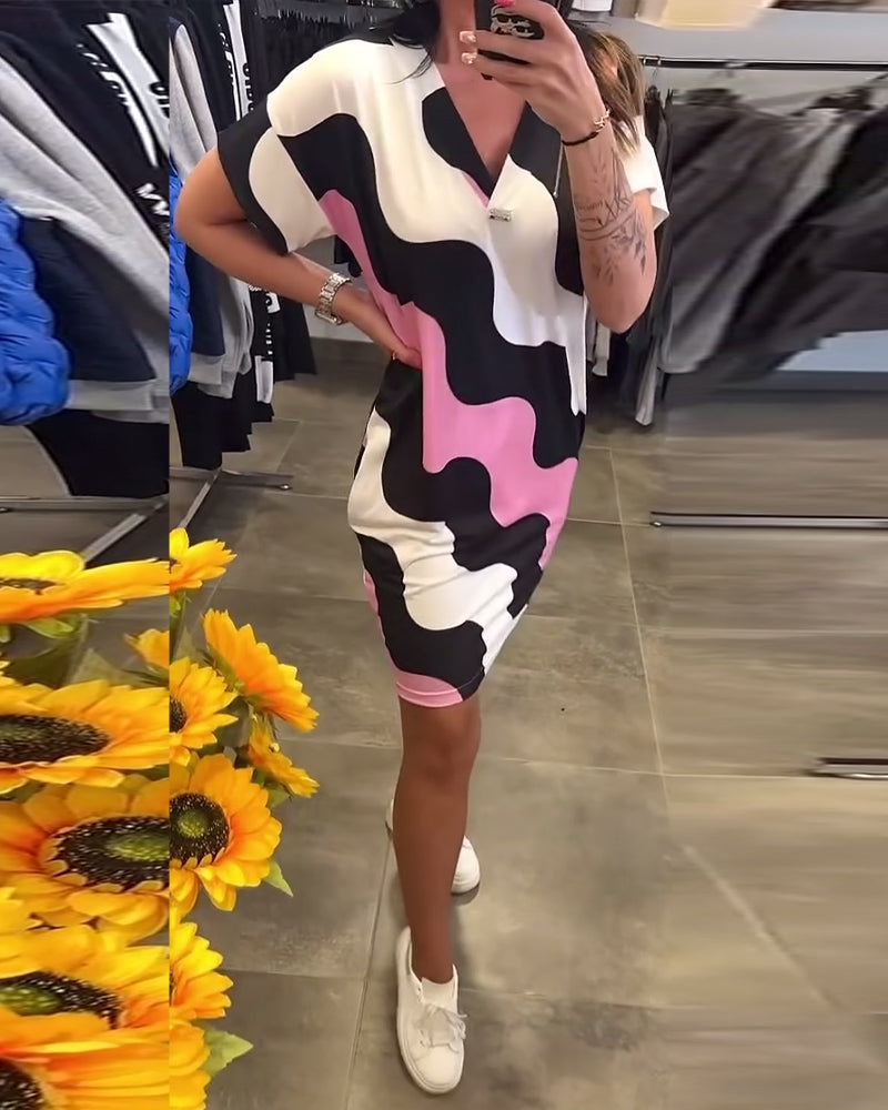 "V-Neck Dress with Wavy Print"