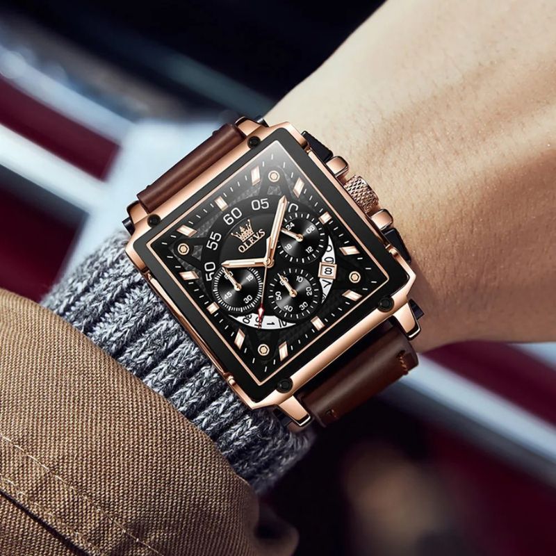 Fashionable chronograph watch with square dial