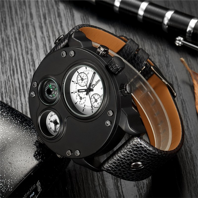 Black leather quartz watch with second time zone