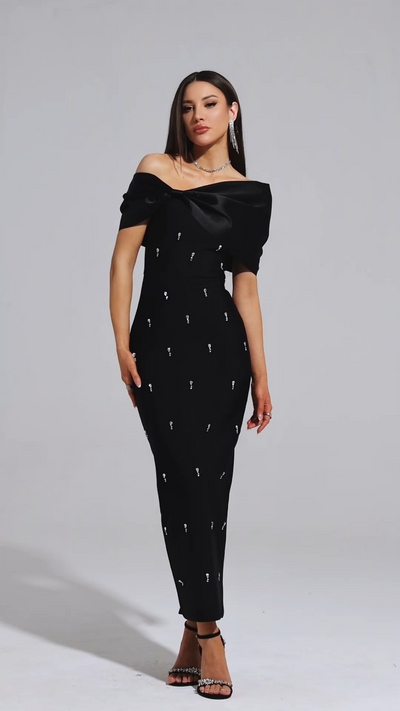 Maelis Sleeveless One Shoulder Diamond Bow Bandage Maxi Dress