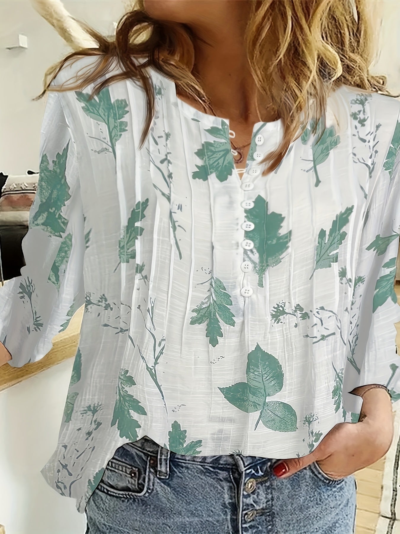 Elena™ - Floral Pleated V-Neck Blouse
