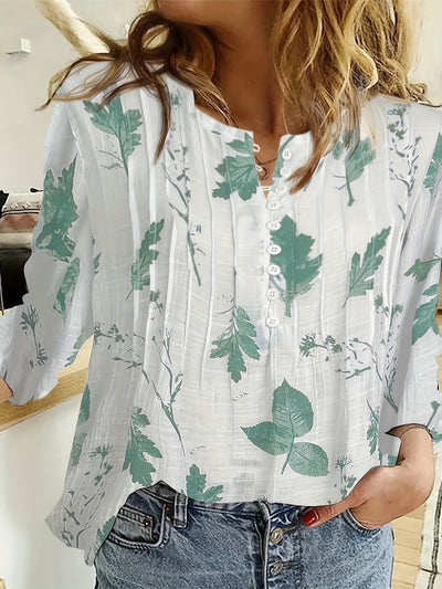 Elena™ - Floral Pleated V-Neck Blouse