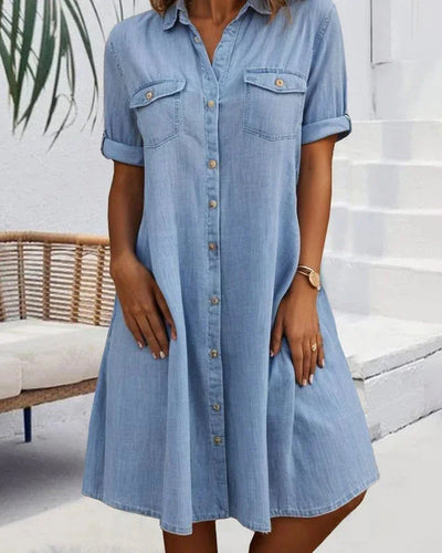 Evelina™ - Midi Dress with Lapel Collar and Button