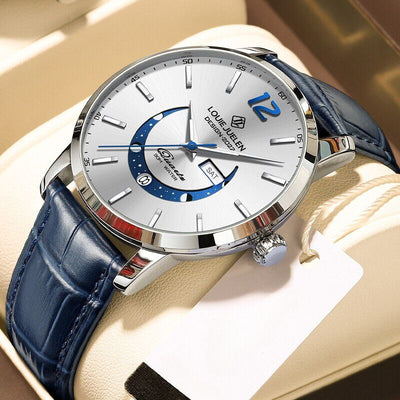 Elegant moon phase watch with luminous calendar for the week