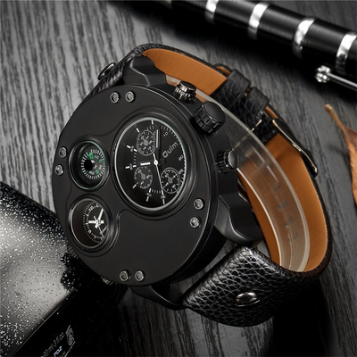 Black leather quartz watch with second time zone