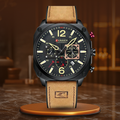 Business leather wristwatch with quartz movement and waterproof case